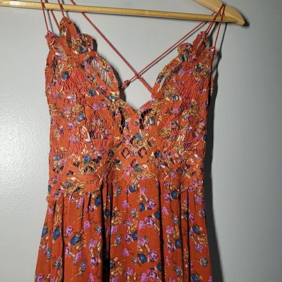 Free People Ladies Size Small Floral Frilled Chemise Dress Orange - Picture 7 of 10